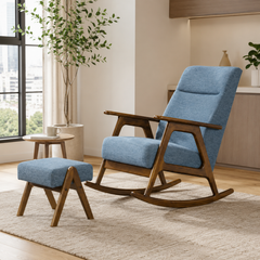 Tavreno Blue Fabric Wooden Rocking Chair with Foot Stool