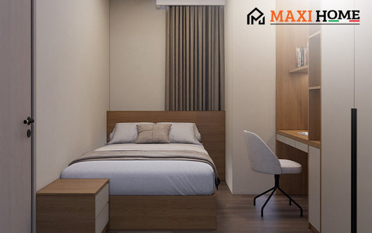 A small HDB bedroom with a minimalist design and built-in desk by Maxihome.