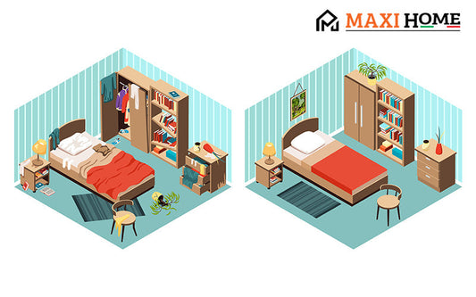 Before-and-after of a messy bedroom makeover.