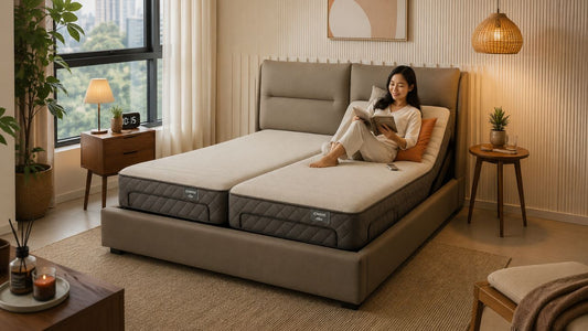 Adjustable mattress in a warm Singapore bedroom with one side raised for comfortable reading