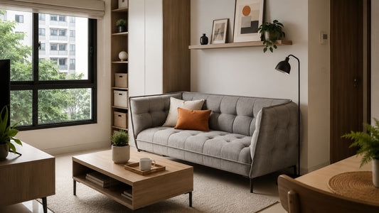 Adreliana Italian Fabric Sofa in a compact Singapore living room with warm wood coffee table, neutral rug, indoor plant, and practical walking space.