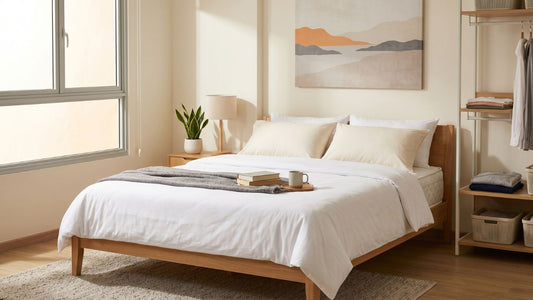 Anti-dust-mite mattress in a bright Singapore HDB bedroom with wooden bed frame, bedside table, and natural daylight