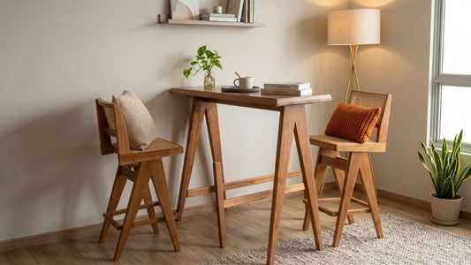 Wooden bar table and counter height chairs in a bright Singapore apartment, styled as a compact dining and work-friendly setup near large windows