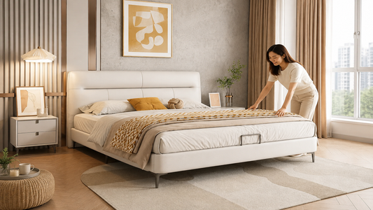 Modern upholstered bed frame with compatible mattress setup in a warm Singapore bedroom, featuring practical styling, neutral tones, and everyday home living details.