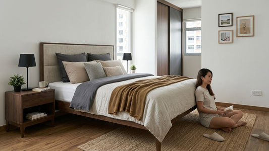 Layered bedding setup in a modern bedroom featuring fitted sheets, duvet, quilt and textured throws for a cosy sleep environment