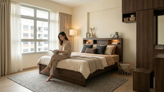 Modern bedroom furniture set collection with matching wooden bed frame, wardrobe, bedside lighting and neutral decor in a cosy contemporary apartment bedroom