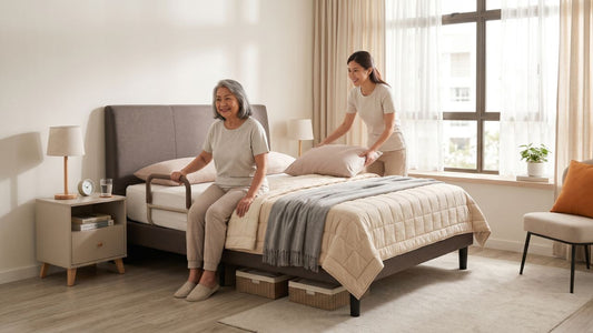 Elderly woman sitting safely on supportive bed with side rail in a bright Singapore bedroom while caregiver arranges pillows