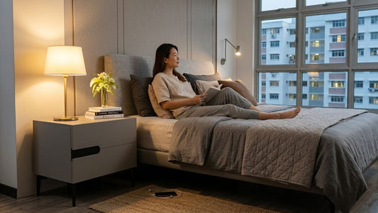 Modern bedroom with warm bedside lighting, upholstered bed frame and cosy ambient lamps for relaxing night-time mood in a Singapore apartment