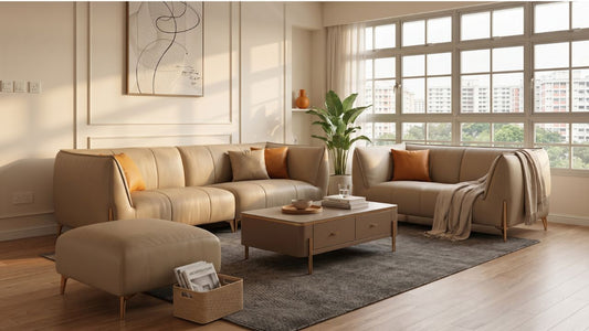 Beige ottoman and sofa set in a spacious Singapore living room with coffee table, HDB view, and warm natural light