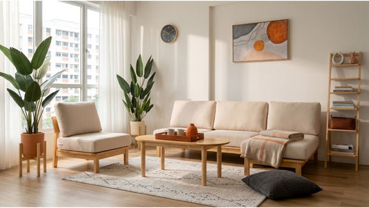 Beige performance fabric sofa set in a bright Singapore living room with wood coffee table and neutral decor