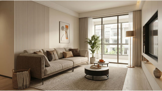 Beige sofa in a Singapore terrace house living room with round coffee tables, wall-mounted TV, and large sliding windows