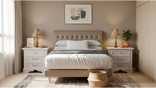 Beige upholstered bed with pillows in a modern Singapore bedroom showing comfortable pillow height setup