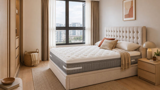 Belgian latex vs synthetic latex mattress in a warm modern Singapore bedroom