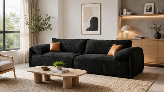 Black Scandinavian style sofa in a bright modern Singapore living room with light wood and neutral decor