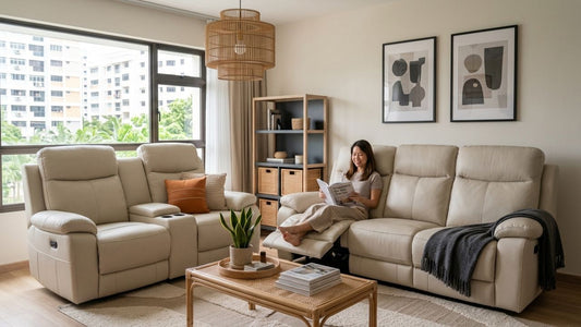 Modern boucle sofa collection in a cosy contemporary living room featuring soft textured fabric recliner sofas in neutral cream tones