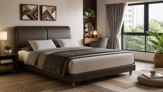 Brown divan bed frame in a modern Singapore HDB bedroom with study nook, warm wood accents, neutral décor and natural daylight.