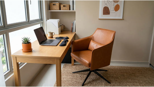 Brown leather swivel office chair beside a wooden desk in a bright Singapore condo study