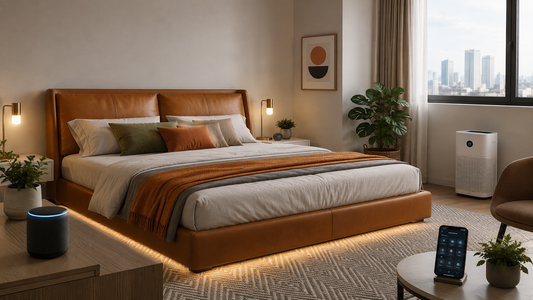 Brown upholstered bed frame in a smart Singapore bedroom with under-bed LED lighting, voice assistant and automated home setup.