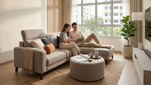 Couple planning furniture placement in a Singapore BTO living room with beige sofa, wood coffee table and TV console during the six-month mark