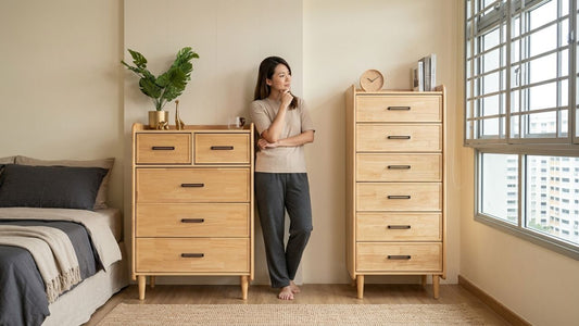 Modern chest of drawers and tall boy comparison in a Singapore bedroom with light wood storage furniture and minimalist interior design