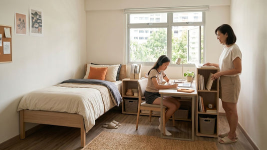 Childrens bedroom furniture in a Singapore HDB room with single bed, study desk, storage shelf, and parent helping with school books