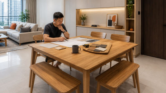 Realistic Singapore condo dining area with wooden dining table, bench, chairs, built-in storage wall, and homeowner reviewing custom carpentry plans and material samples.