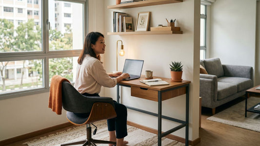 Compact home office furniture setup in a Singapore HDB study room with wooden desk, ergonomic chair, bookshelf storage, monitor setup, and warm natural daylight.