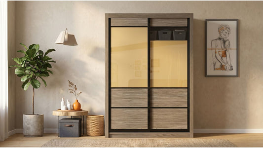 Dark wood sliding wardrobe in a calm Singapore bedroom with bedside decor and decluttering storage accents