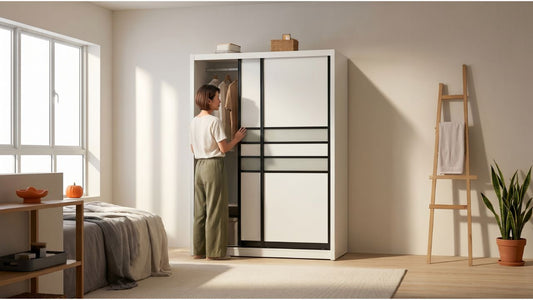Compact white sliding wardrobe in a bright Singapore bedroom showing space-saving storage for small rooms