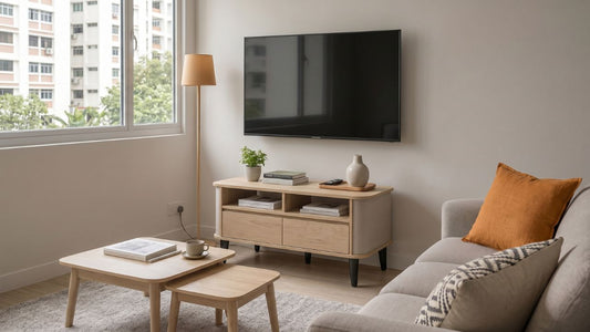 Compact light wood TV console in a small Singapore HDB living room with wall-mounted TV, coffee table, grey sofa, and warm natural daylight.