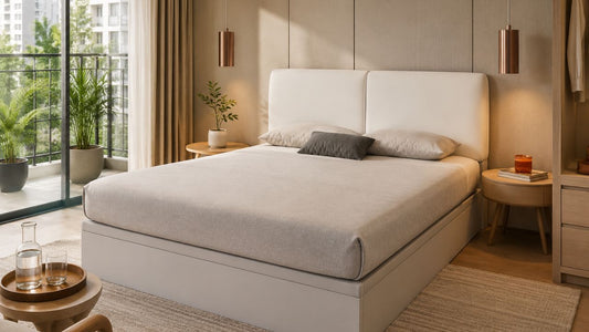 Cooling gel memory foam mattress in a bright Singapore bedroom with breathable neutral bedding for tropical climates