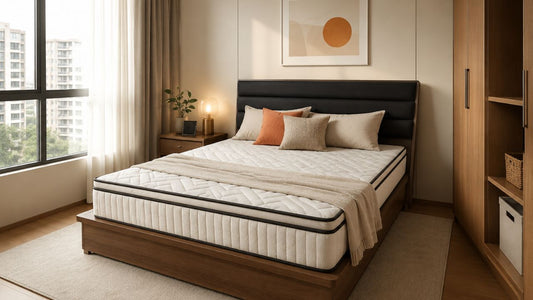 cooling mattress in a modern singapore bedroom with natural light and warm wood furniture