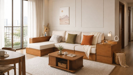 Coordinated sofa set for a Singapore living room with cream cushions, warm wood frame, matching coffee table, rug, and neutral HDB-inspired styling
