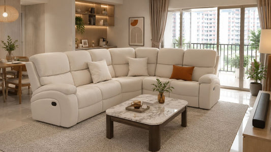 Corner Sofa in a modern Singapore living room showing a practical corner sofa layout with balcony view, coffee table, and warm neutral styling.