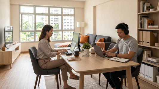 Couple working from home at a shared wooden desk in a bright Singapore HDB study with warm storage and natural daylight