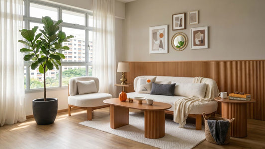 Cream boucle sofa and armchair set in a modern Singapore living room with wooden coffee table, side table, and warm neutral styling