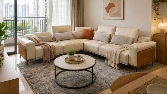 Cream L-shaped sofa in a Singapore condo living room with balcony view and space-smart layout