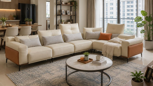Cream L-shaped sofa in a modern Singapore HDB living room with coffee table and space-smart layout