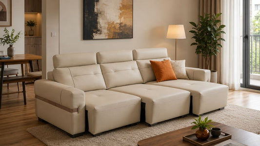 Cream leather sofa bed in a modern Singapore living room showing practical frame design for metal vs wood sofa bed mechanisms