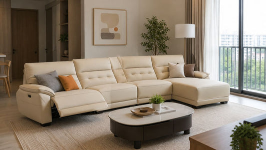 Cream recliner sofa in a modern Singapore living room with clear walking space, balcony light, coffee table, and warm neutral decor.