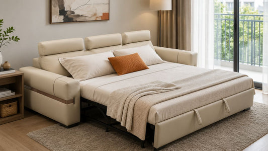 Cream sofa bed opened into a mattress in a modern Singapore home, showing practical comfort and space-smart sofa bed design.