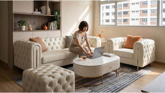 Cream tufted sofa set with marble coffee table in a modern Singapore home office living room