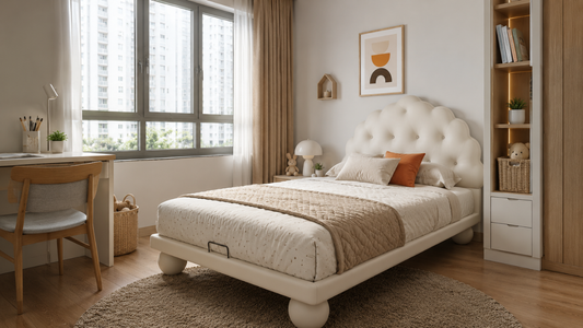 Cream upholstered bed frame in a compact Singapore children’s bedroom with study desk, storage shelves, and warm HDB daylight.