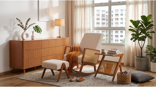 Cream upholstered rocking chair with footstool and side table in a bright Singapore HDB living