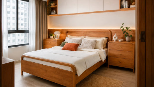 Custom bedroom cabinetry with warm wood bed frame, integrated bedside storage and overhead headboard cabinets in a modern Singapore bedroom