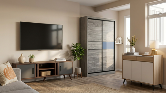 Custom carpentry for BTO renovation with built-in wardrobe, TV console, and storage cabinet in a modern Singapore living room