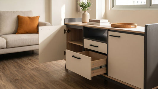 Built-in living room storage showing drawer slides, concealed hinges, and black bar handles for custom carpentry hardware