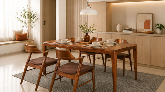 Custom carpentry Singapore dining room with warm wood dining set, built-in storage wall, fluted panels, and soft neutral HDB home styling