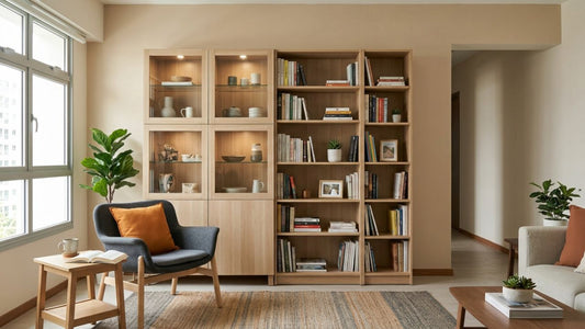 Custom display cabinets and bookshelves in a warm Singapore living room with glass shelving, books, plants, and practical built-in storage.