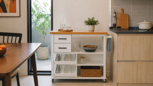 Custom kitchen cabinetry ideas for Singapore homes with a white mobile kitchen island, warm wood countertop, open storage, and compact HDB-style kitchen layout